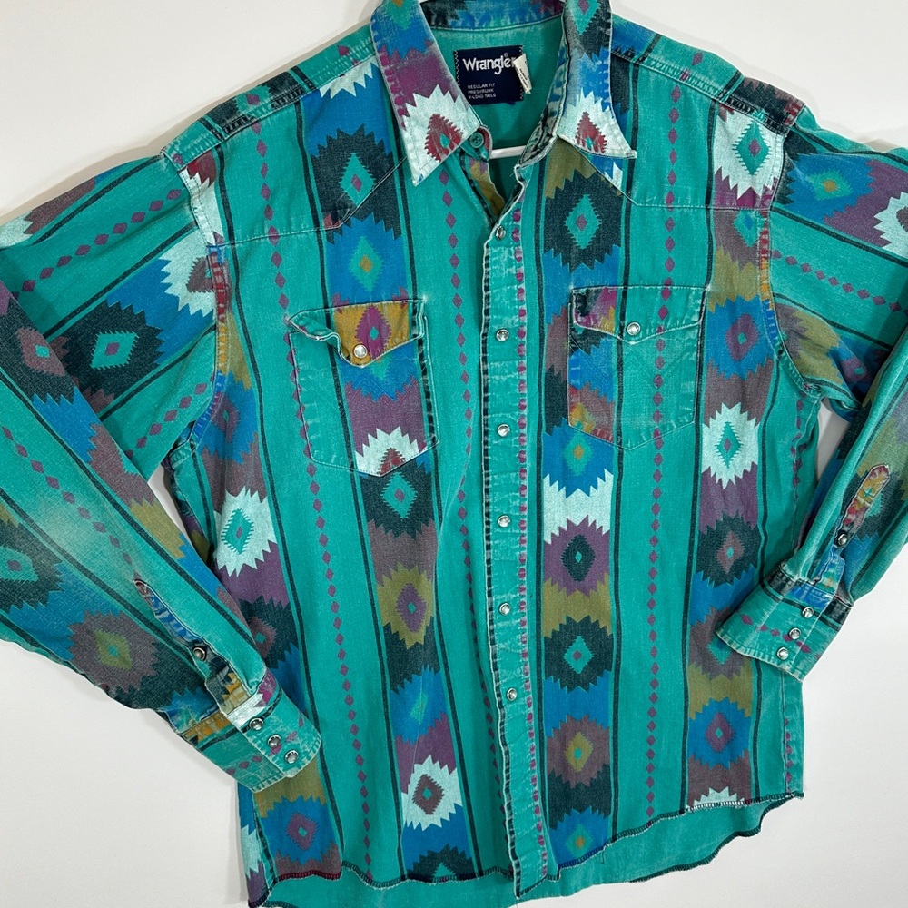 Vintage Wrangler Brushpopper Pearl Snap Shirt 16.5/35 Striped Aztec 90s USA RARE - Picture 6 of 12